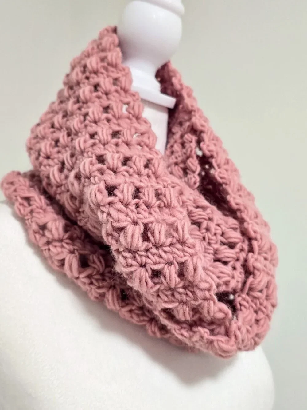 Handmade 100% Wool Crochet Infinity Scarf | Dusty Rose Puff Stitch Cowl